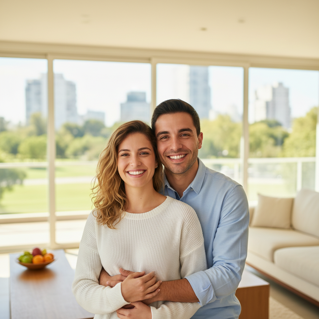 Pareja sonriente en su hogar